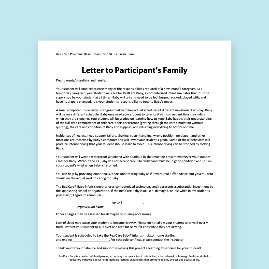 Letter to Participant's Family